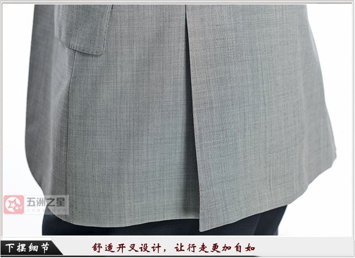 淺灰色單?？勰锌盥殬I(yè)工作服定做下擺細(xì)節(jié)圖